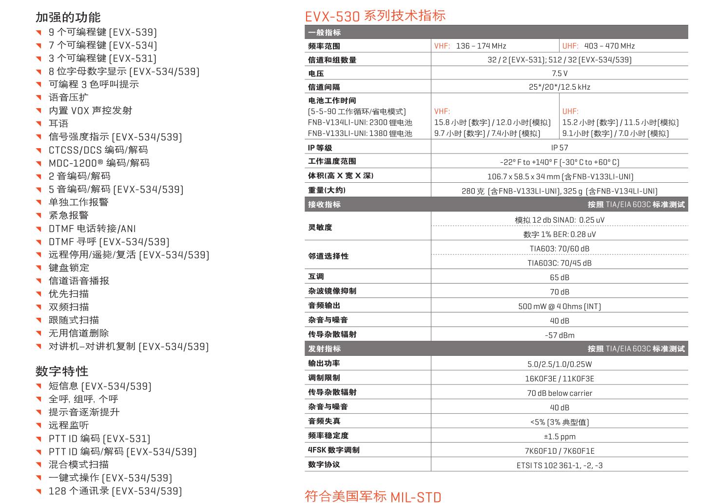 威泰克斯数字对讲机EVX-531/EVX-534/EVX-539产品规格彩页